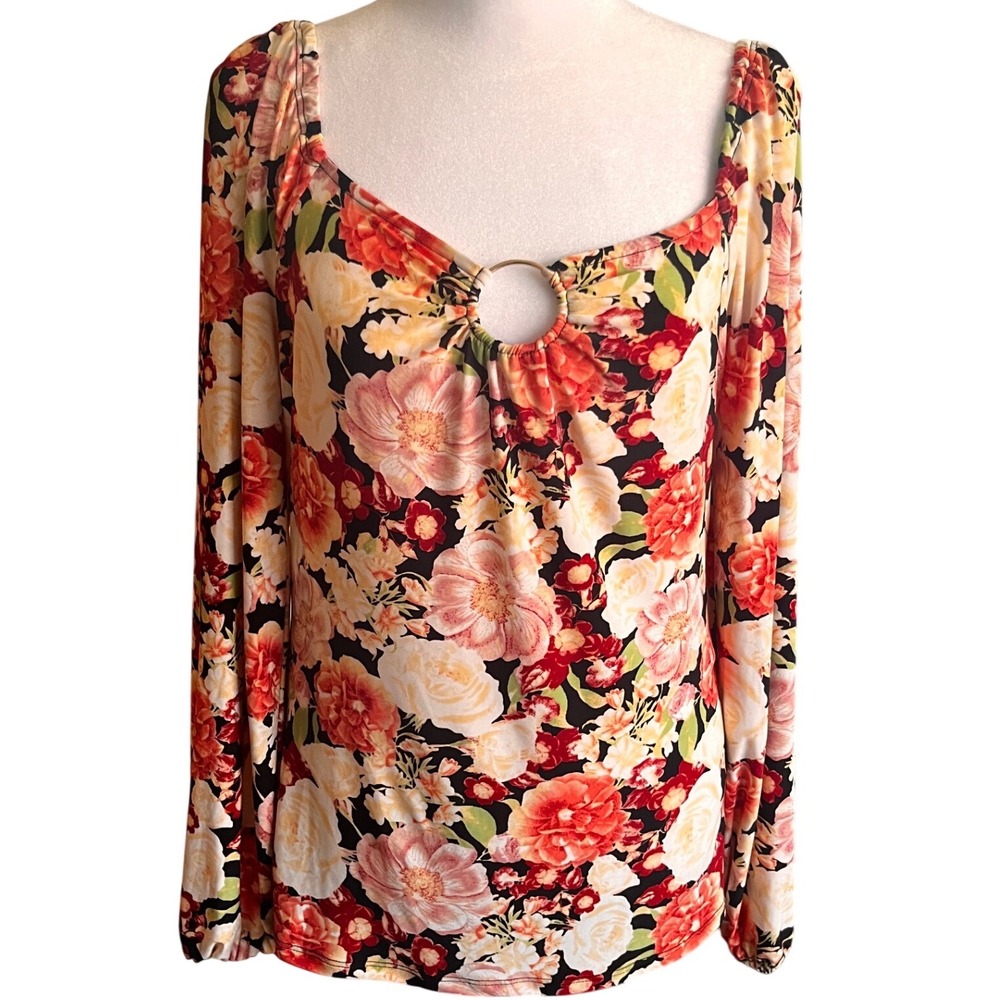 NWOT INC International Concepts Floral Ring Detail Square Neck Top Small Orange